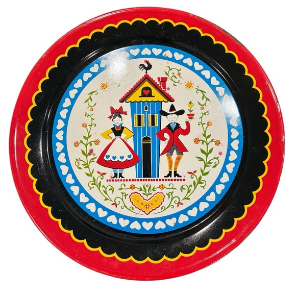 Vintage Dutch Serving Tray Pennsylvania Dutch 19" Platter Red Blue Hearts Tray - Picture 1 of 8